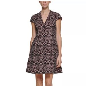 12 EUC Vince Camuto Flocked Fit & Flare Black & Pink Dress w/ pockets
